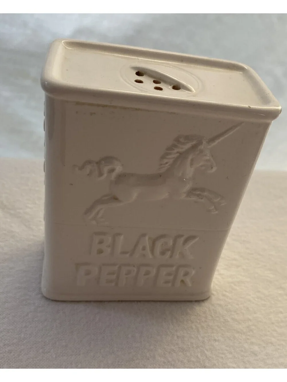 Morton Haldon Group Black Pepper Shaker Box White Ceramic Unicorn Vintage